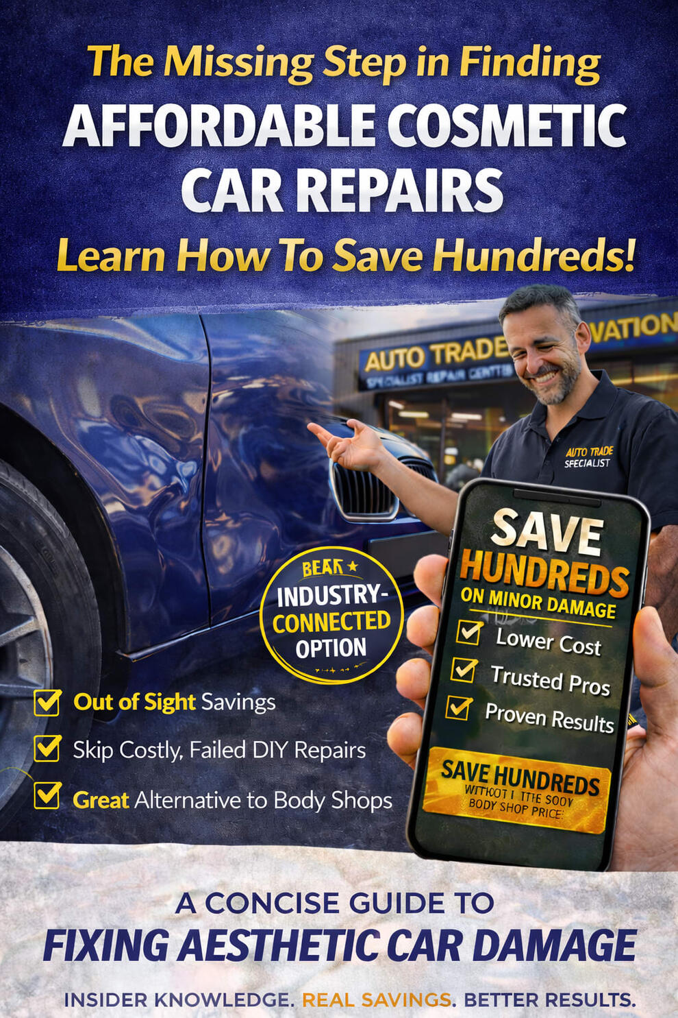 Close-up of a rear quarter panel dent on a silver vehicle, showcasing typical cosmetic damage covered in the guide