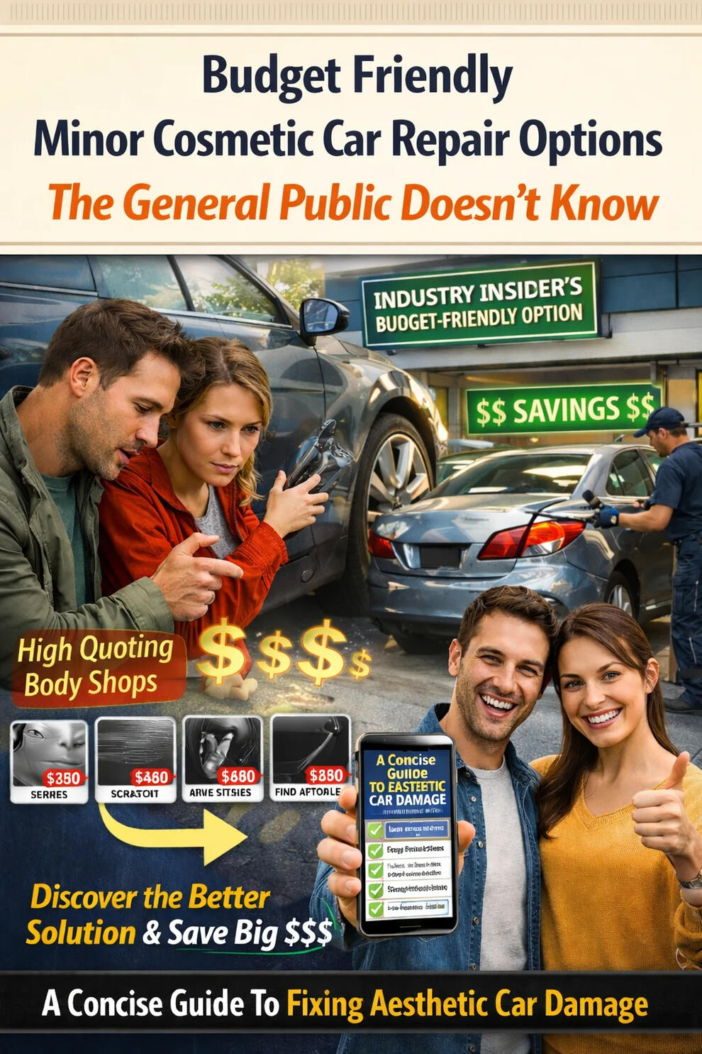 eBook cover for Auto Tech Solutions showing professional repair options for car scratches, dents, and rim scuffs